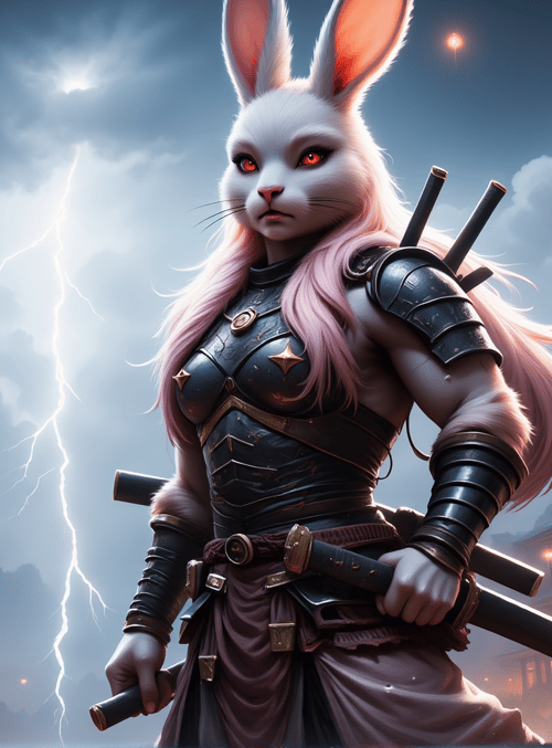 rabbit, samurai, armor, swords, traditional, building, lightning, hair