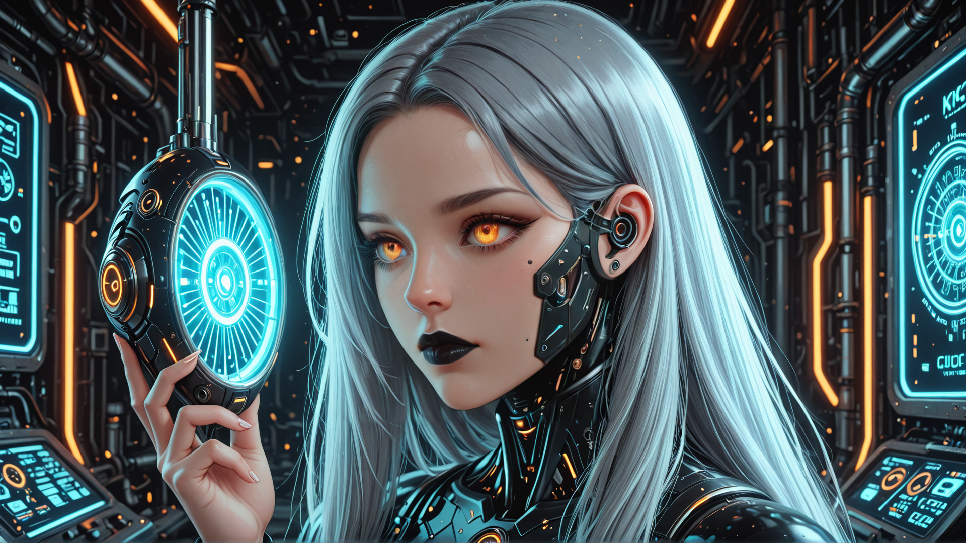 AI generated wallpaper featuring cyborg, woman, gadget, screen, futuristic