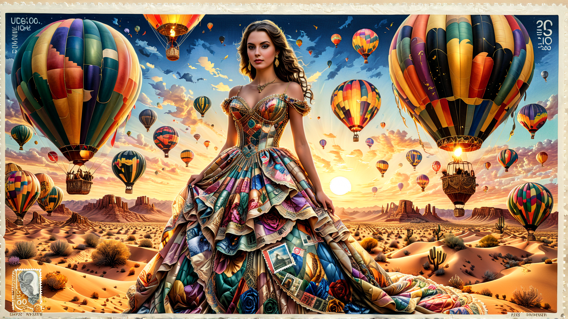 AI generated wallpaper featuring woman, hot air balloons, dress