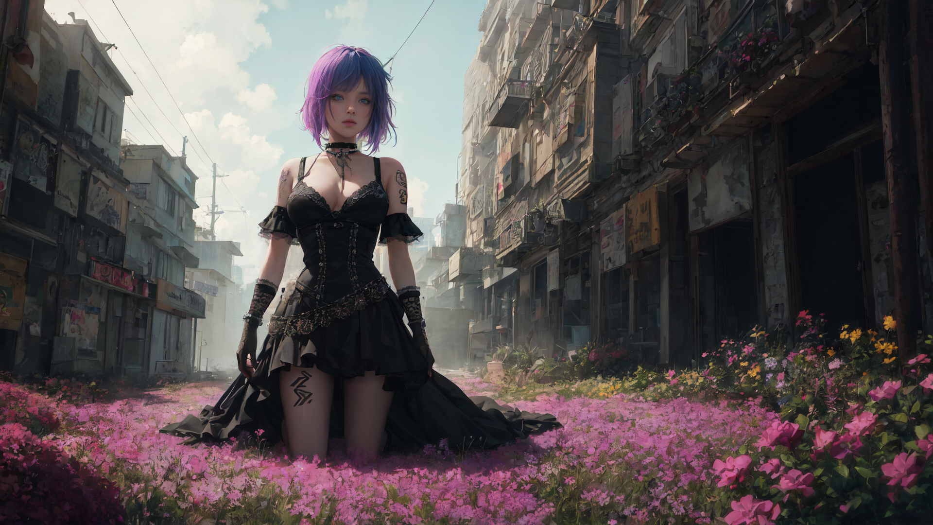 AI generated wallpaper featuring woman, flowers, street