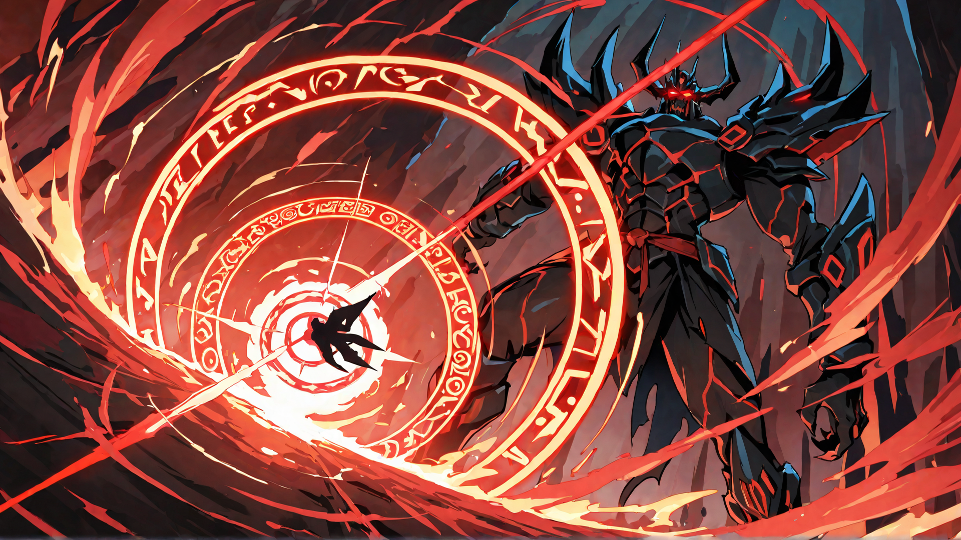 AI generated wallpaper featuring armor, character, magic circle, sword, gloves, helmet, cape, runes, lightning, energy