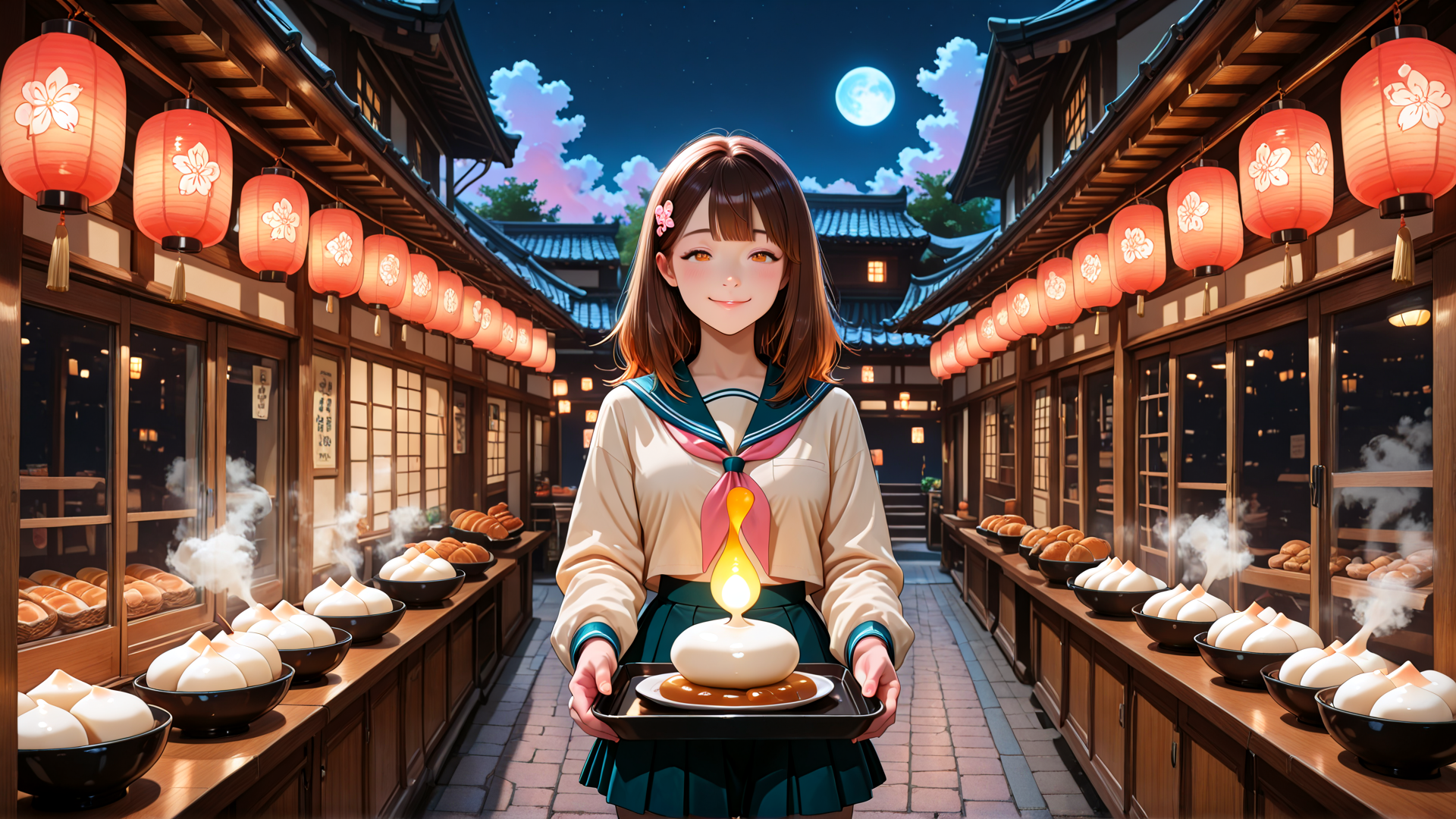 AI generated wallpaper featuring girl, lanterns, bakery, moon, food, traditional, street, noodle, sailor, mochi