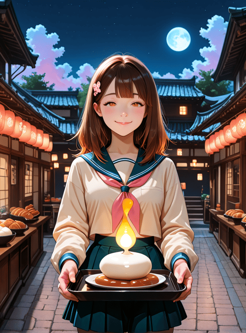 girl, lanterns, bakery, moon, food, traditional, street, noodle, sailor, mochi