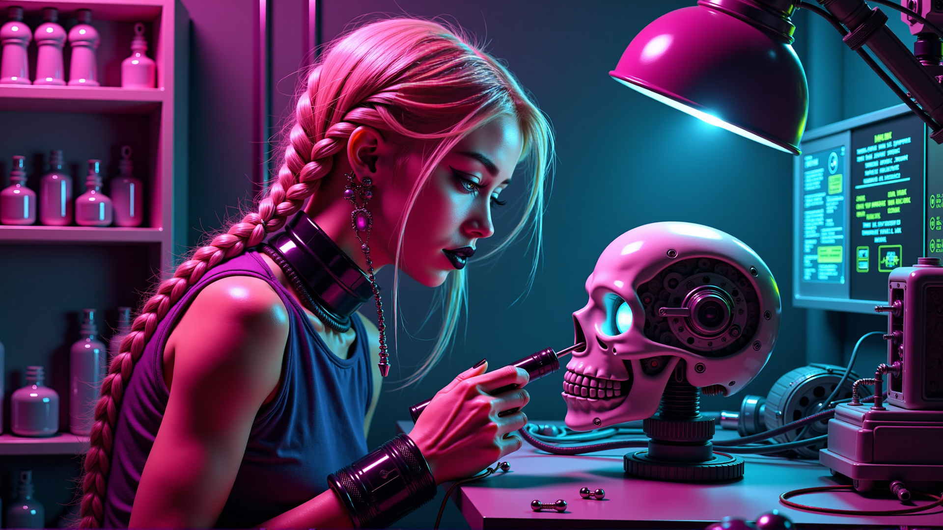 AI generated wallpaper featuring woman, robotic skull, tools