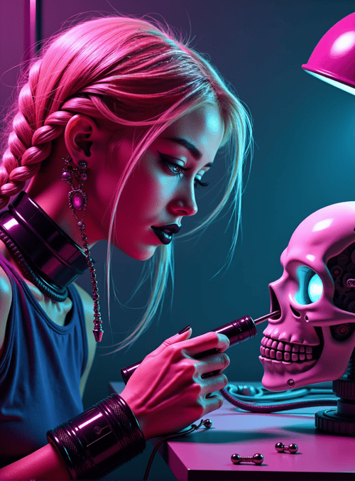 woman, robotic skull, tools