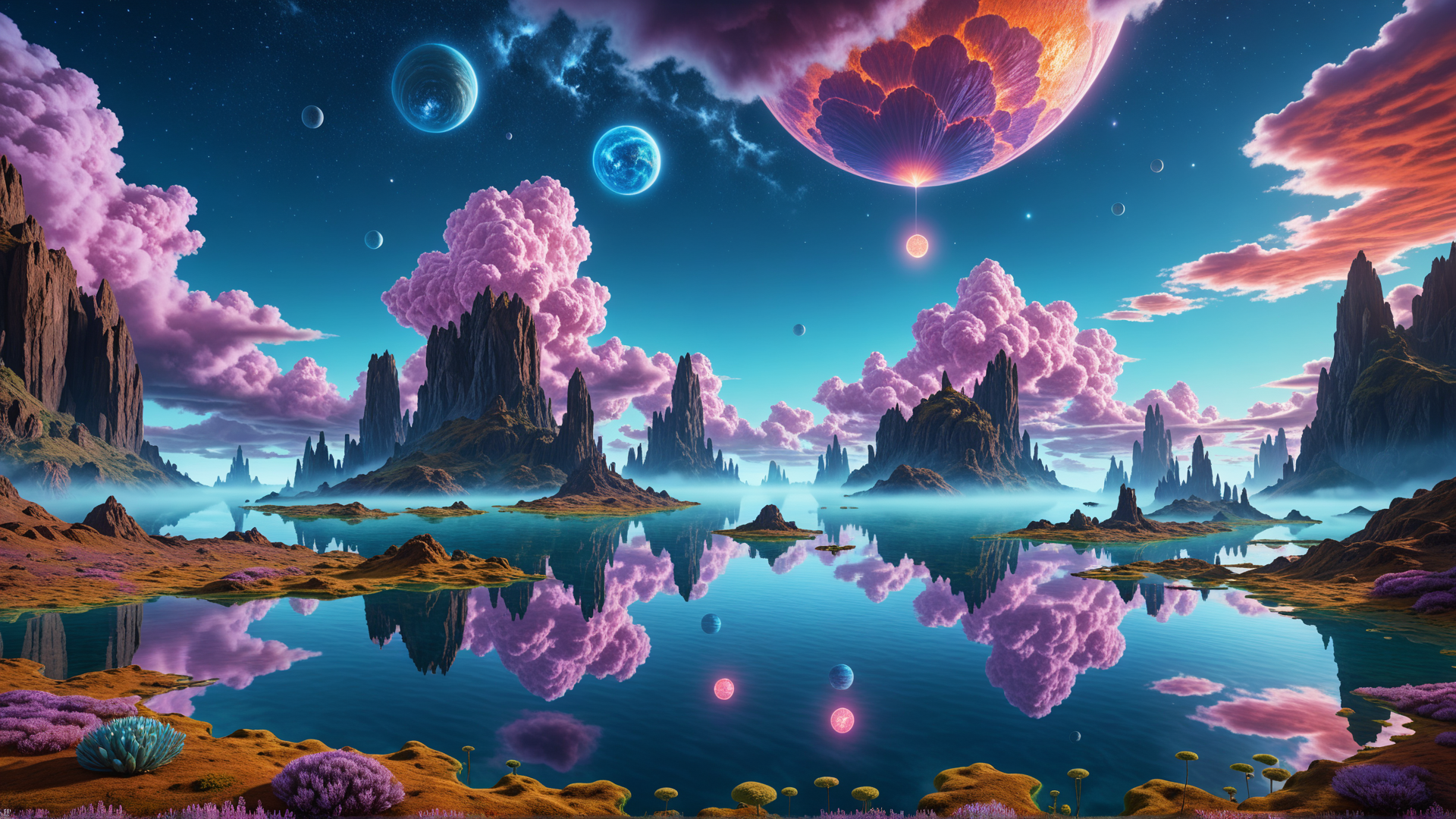 AI generated wallpaper featuring landscape, planets, clouds