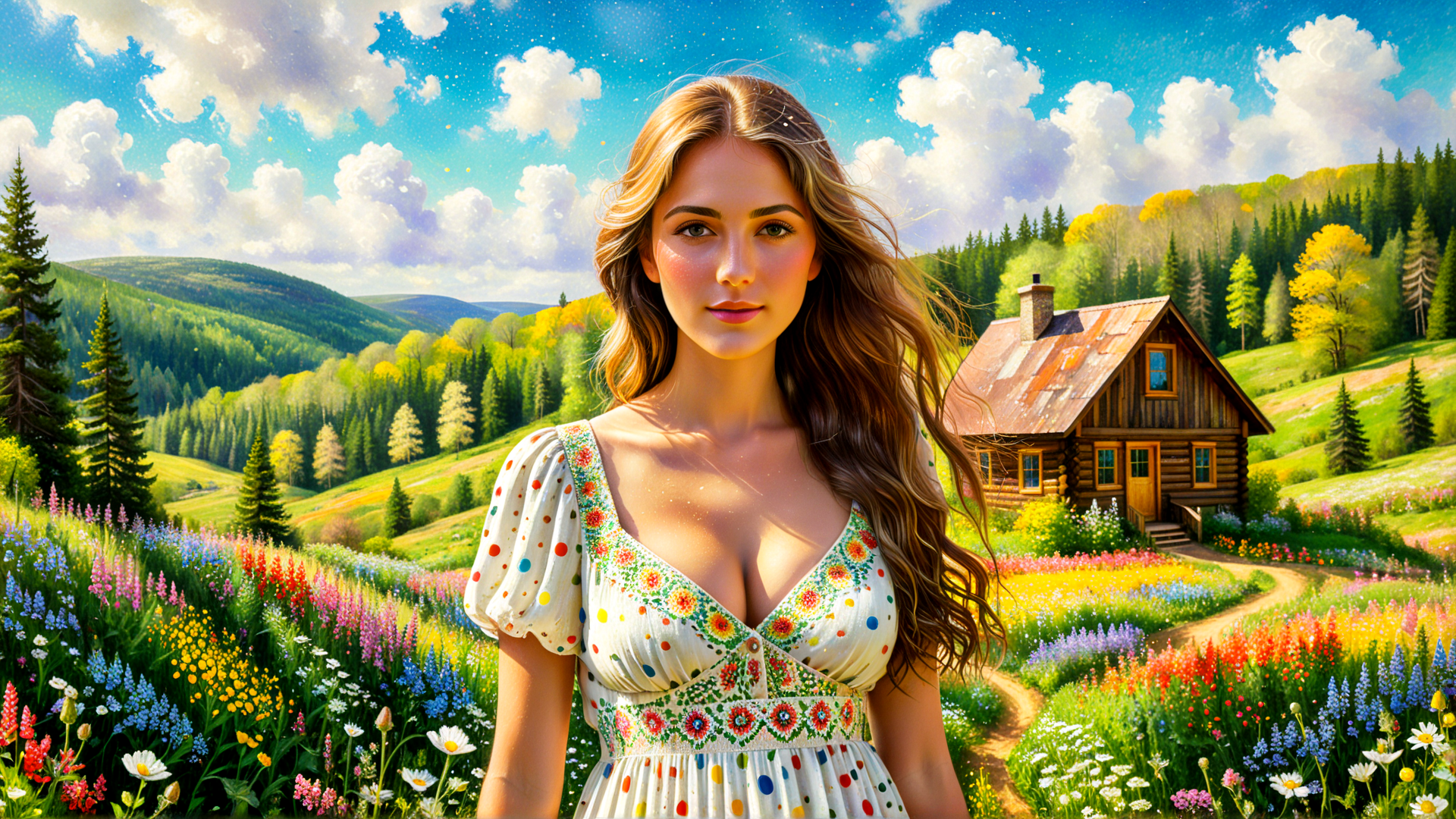 AI generated wallpaper featuring woman, flower, house, mountain, tree, path