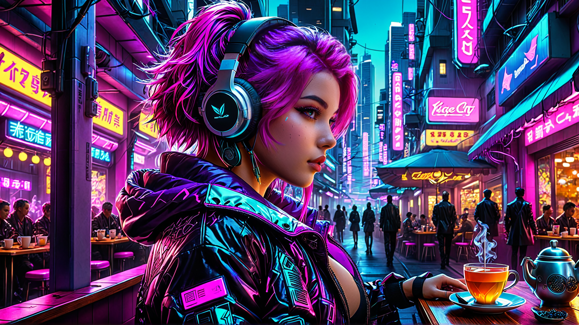 AI generated wallpaper featuring woman, neon, city