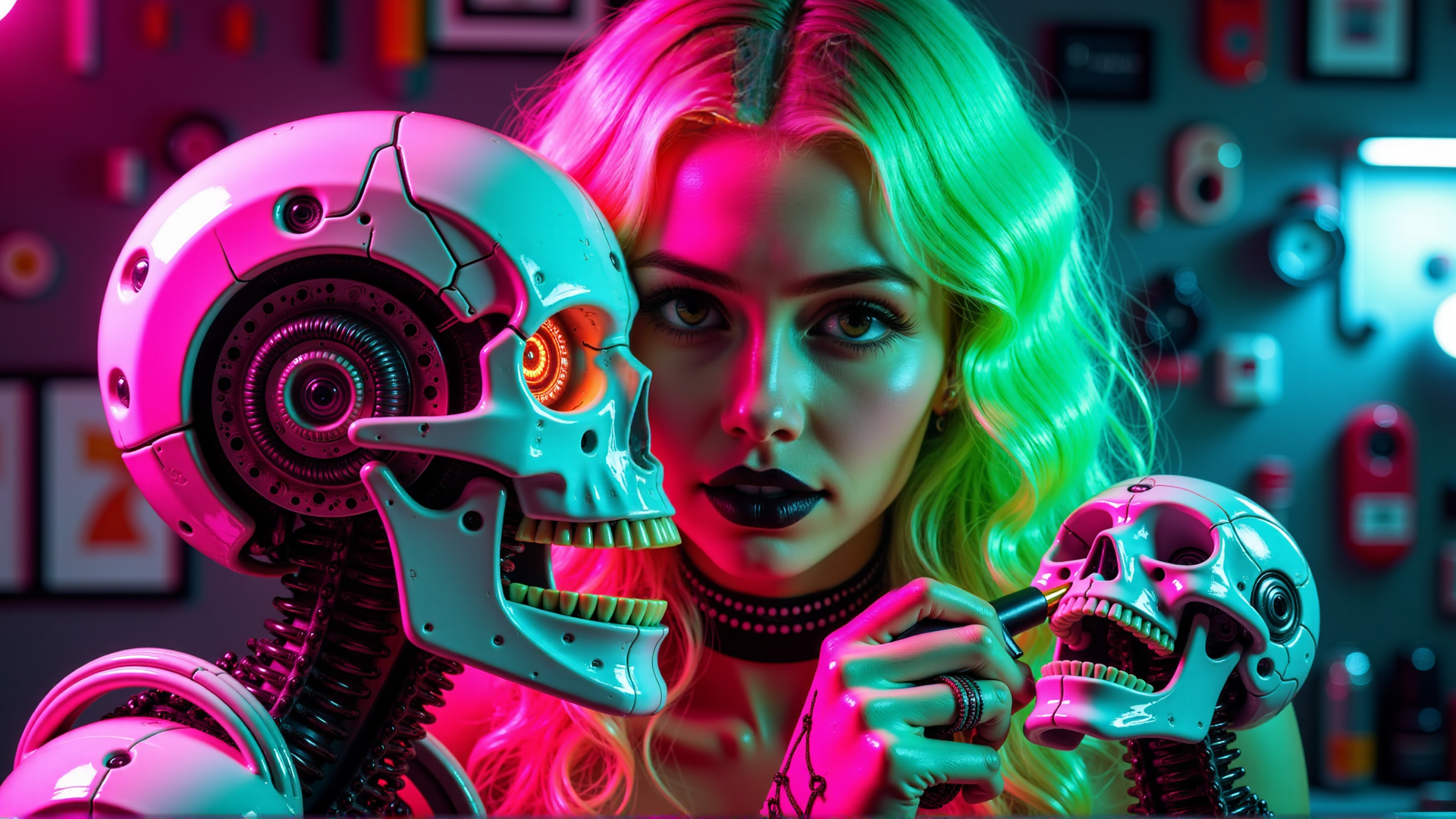 AI generated wallpaper featuring robot, skull, woman