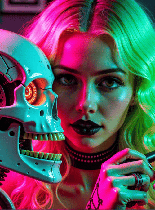 robot, skull, woman