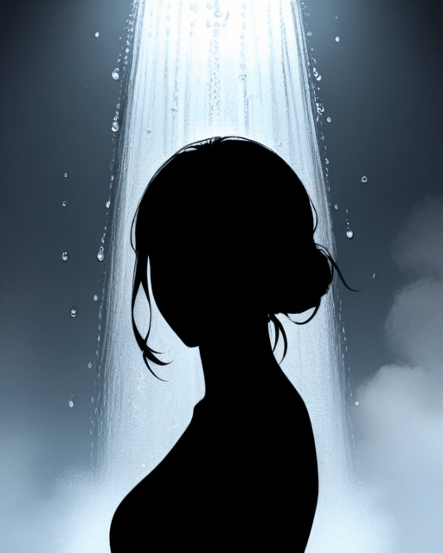 AI generated wallpaper featuring silhouette, woman, waterfall