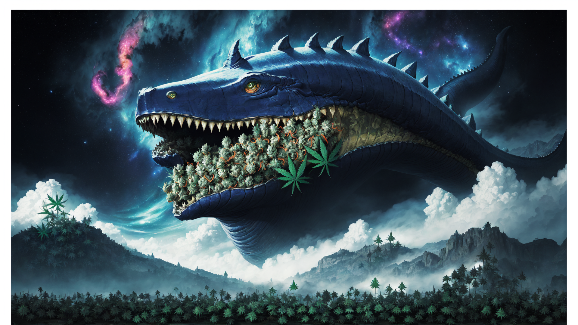 AI generated wallpaper featuring dragon, cannabis, mountains, sky, clouds, mushroom, palm tree