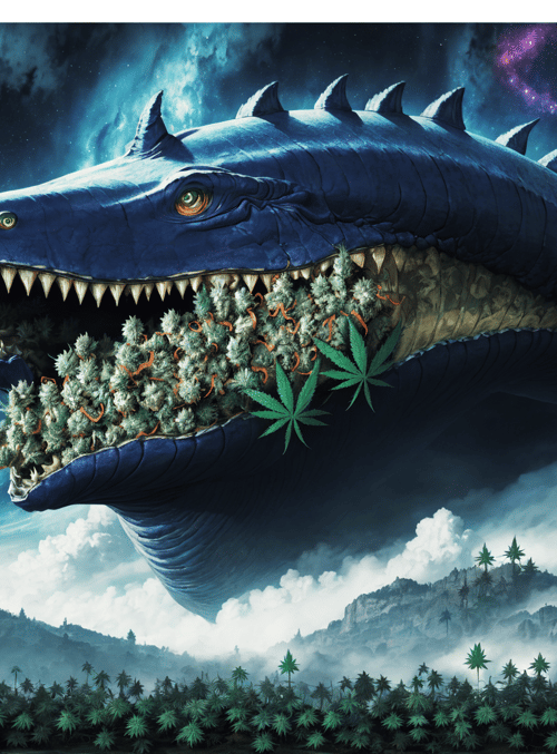 dragon, cannabis, mountains, sky, clouds, mushroom, palm tree