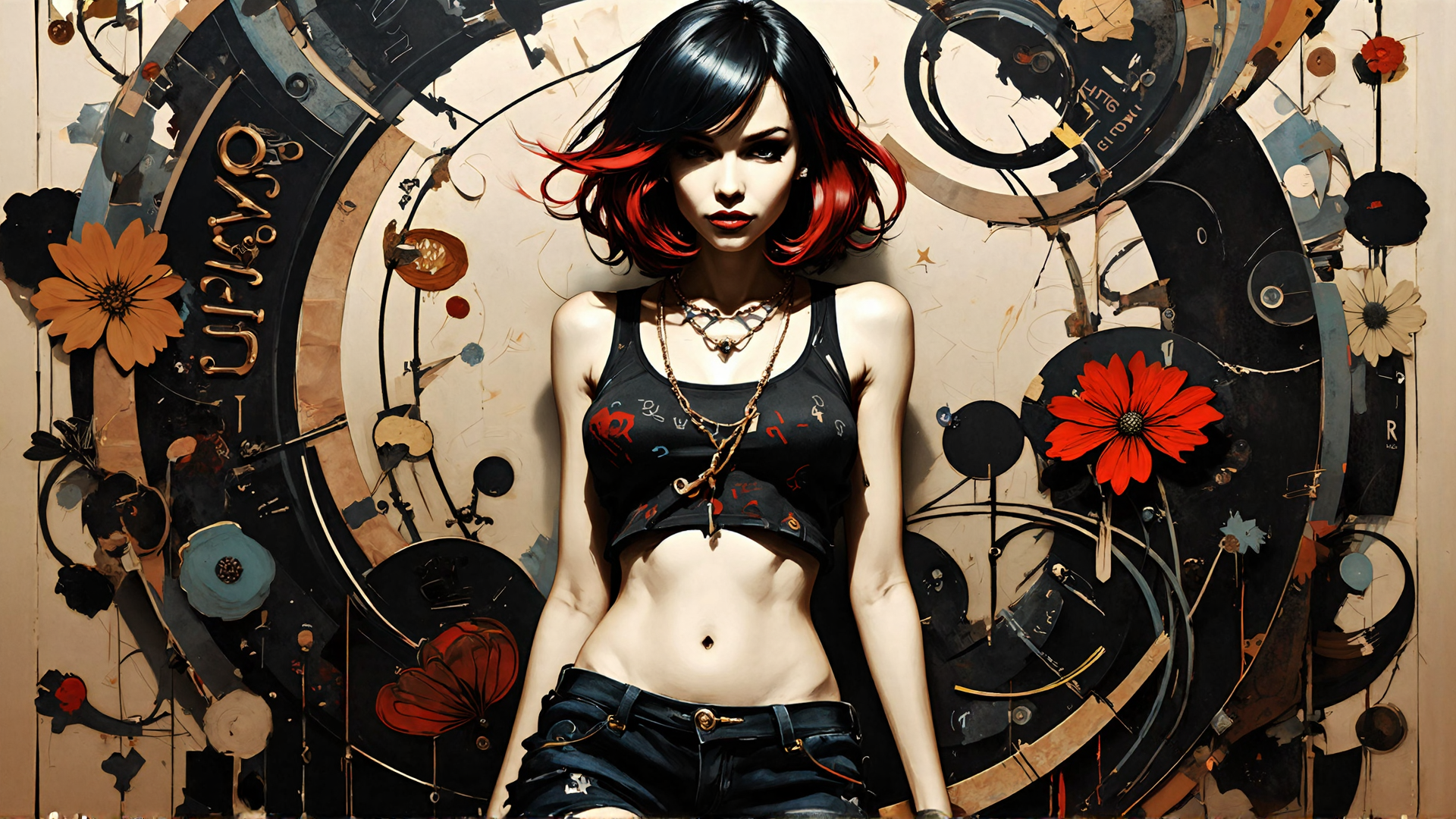 AI generated wallpaper featuring woman, clock, flowers, chains, tank top, shorts, art, graffiti, surreal, background