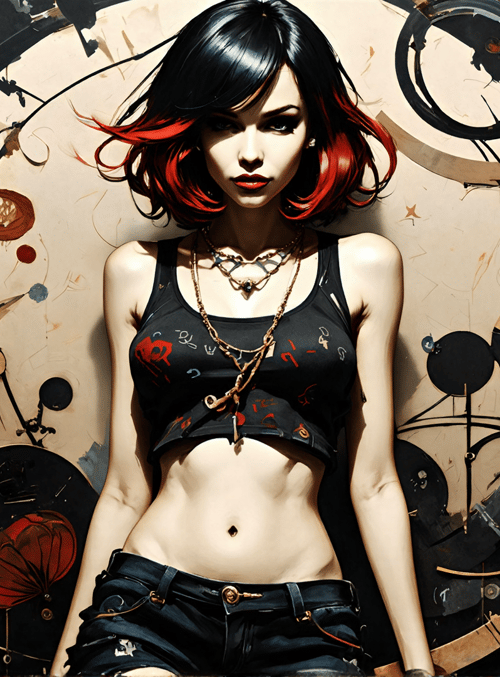 woman, clock, flowers, chains, tank top, shorts, art, graffiti, surreal, background