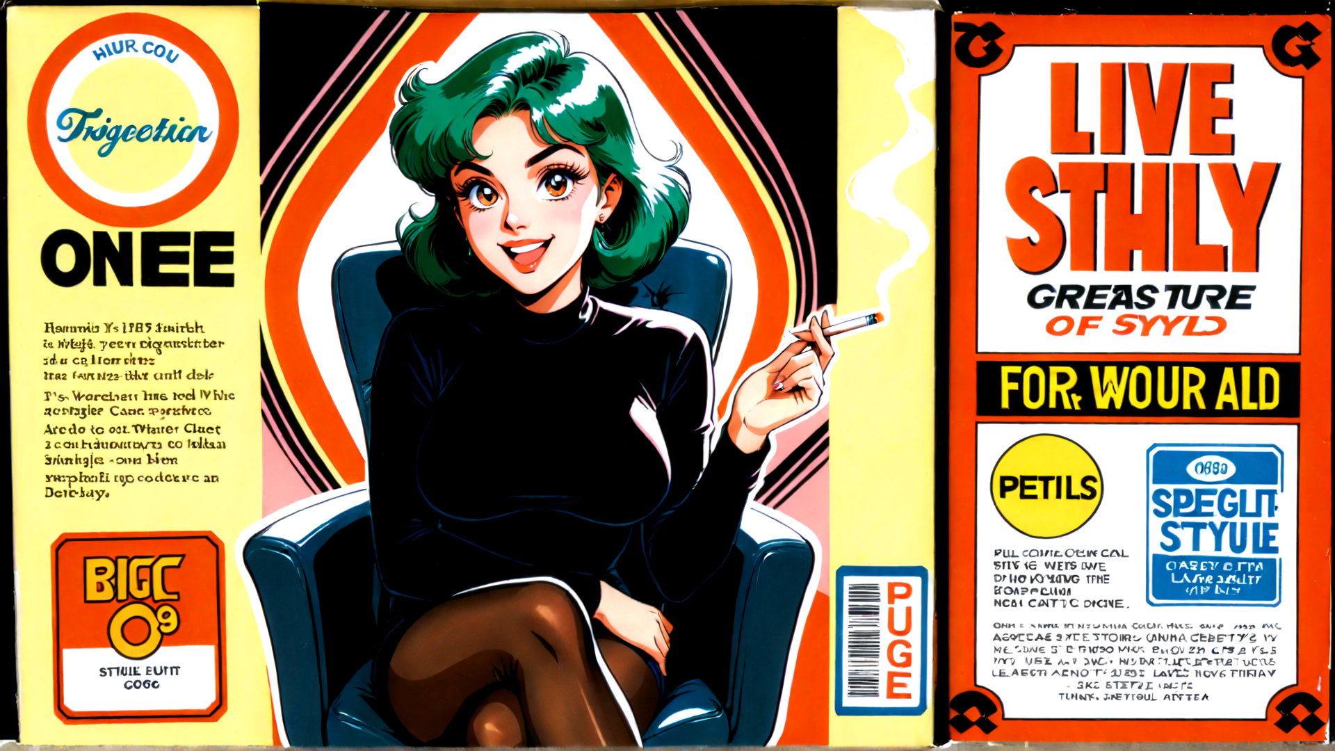 AI generated wallpaper featuring woman, cigarette, chair, package