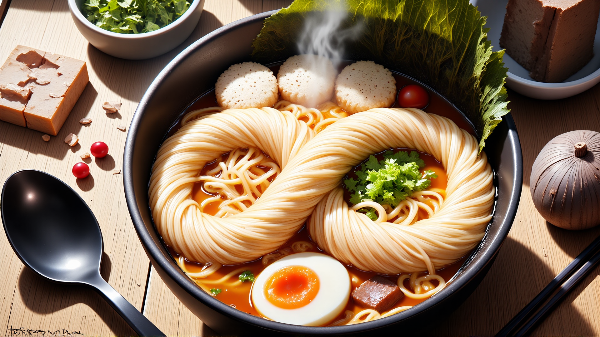 AI generated wallpaper featuring ramen, noodles, egg