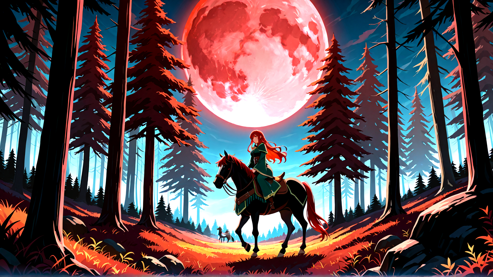 AI generated wallpaper featuring girl, horse, forest, red moon, trees, path