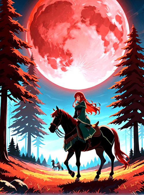 girl, horse, forest, red moon, trees, path