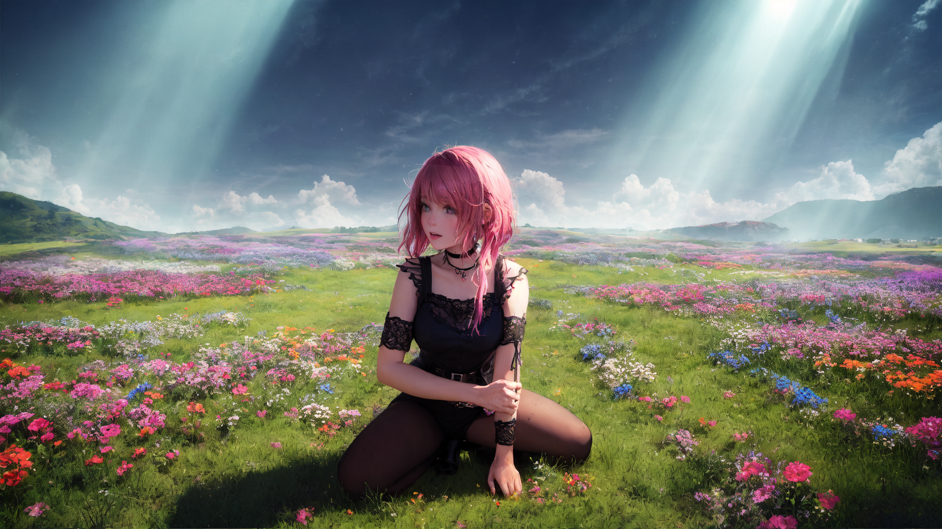AI generated wallpaper featuring woman, field, flowers