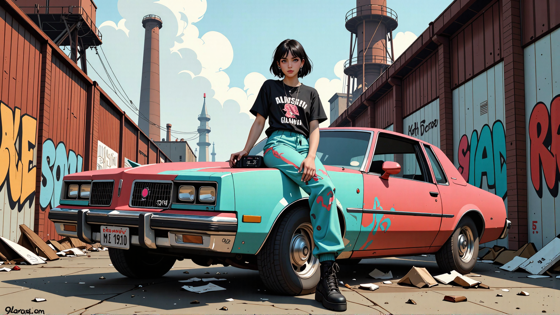 AI generated wallpaper featuring woman, car, graffiti, industrial