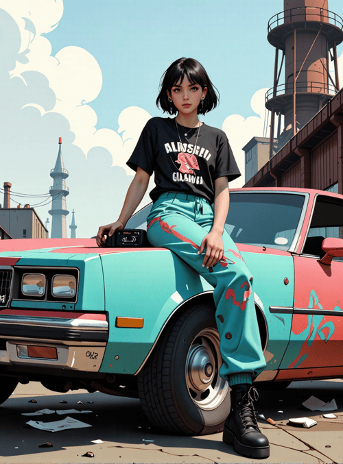 woman, car, graffiti, industrial