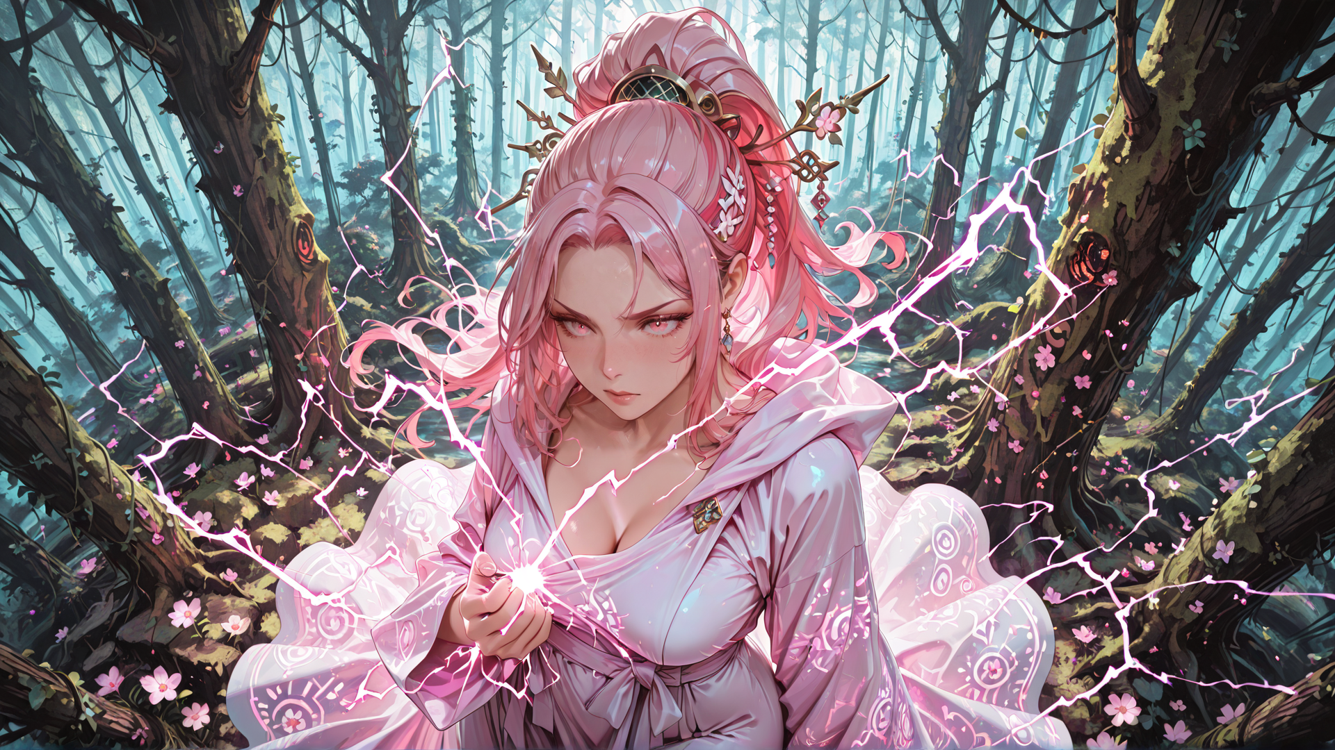 AI generated wallpaper featuring woman, forest, magic, sakura, electricity, goddess