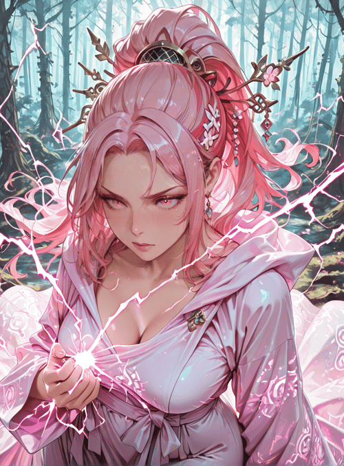 woman, forest, magic, sakura, electricity, goddess
