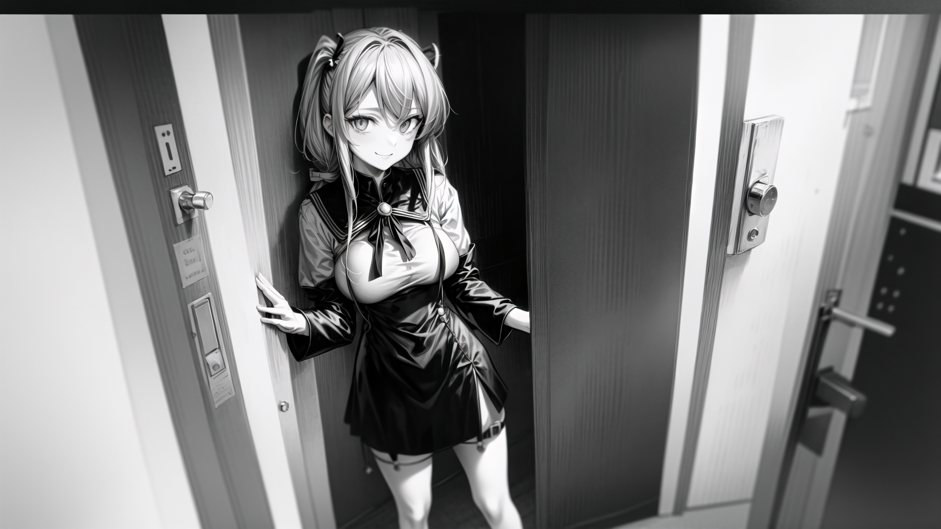 AI generated wallpaper featuring anime girl, school uniform, door