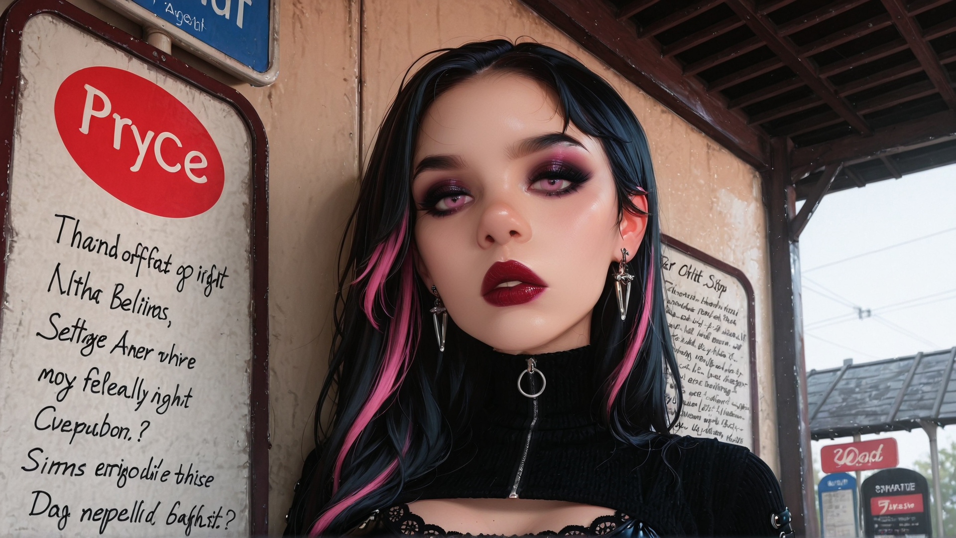 AI generated wallpaper featuring woman, hair, sign, station, earrings, top, lips, makeup, jacket, necklace