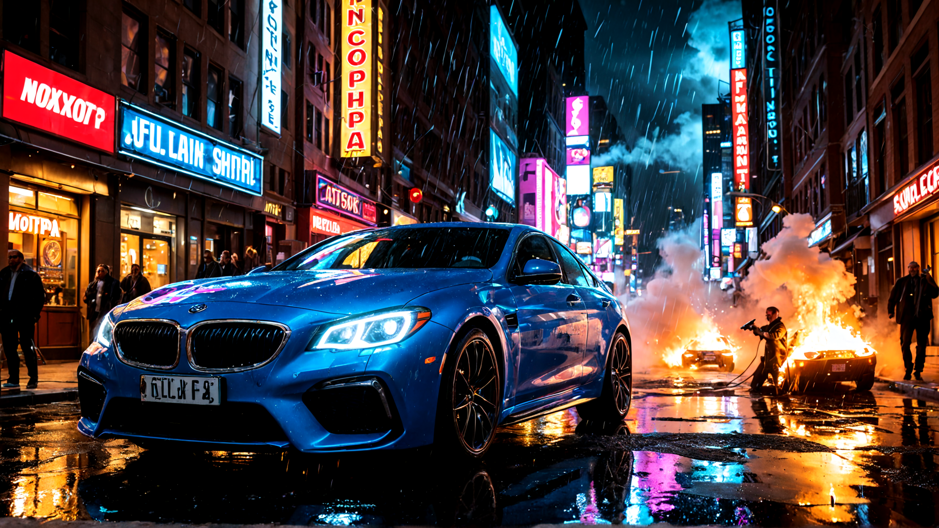 AI generated wallpaper featuring car, city, fire