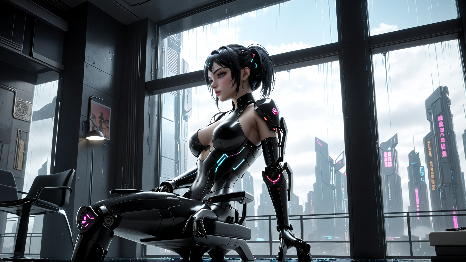 AI generated wallpaper featuring cyborg, woman, chair