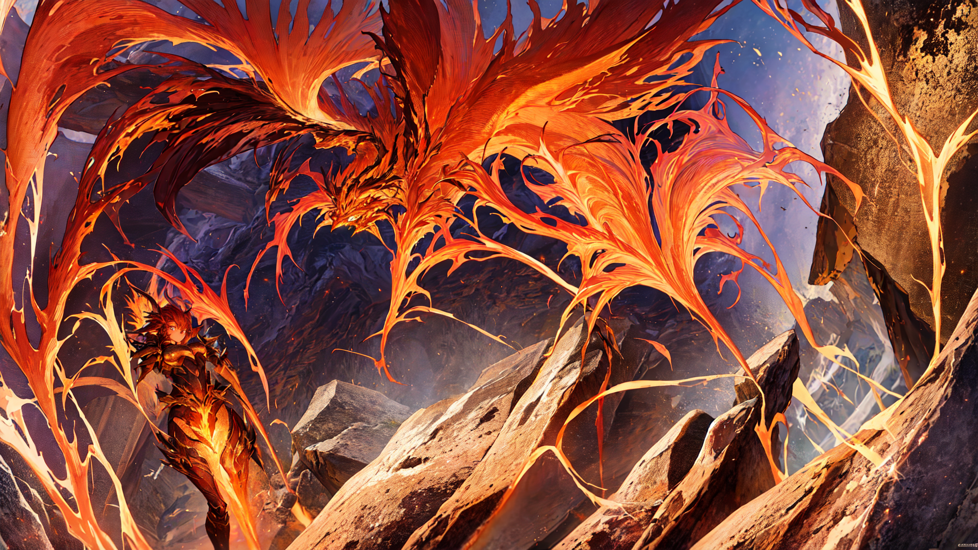 AI generated wallpaper featuring dragon, warrior, fire