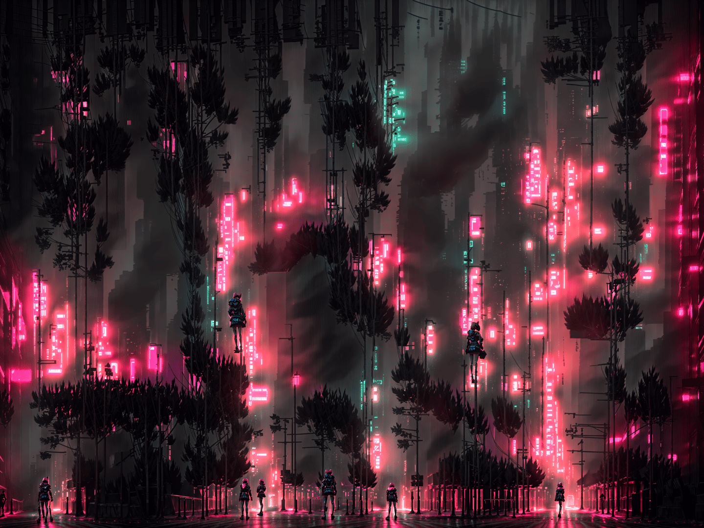 AI generated wallpaper featuring people, cityscape, neon signs