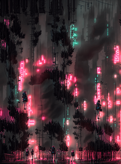 people, cityscape, neon signs