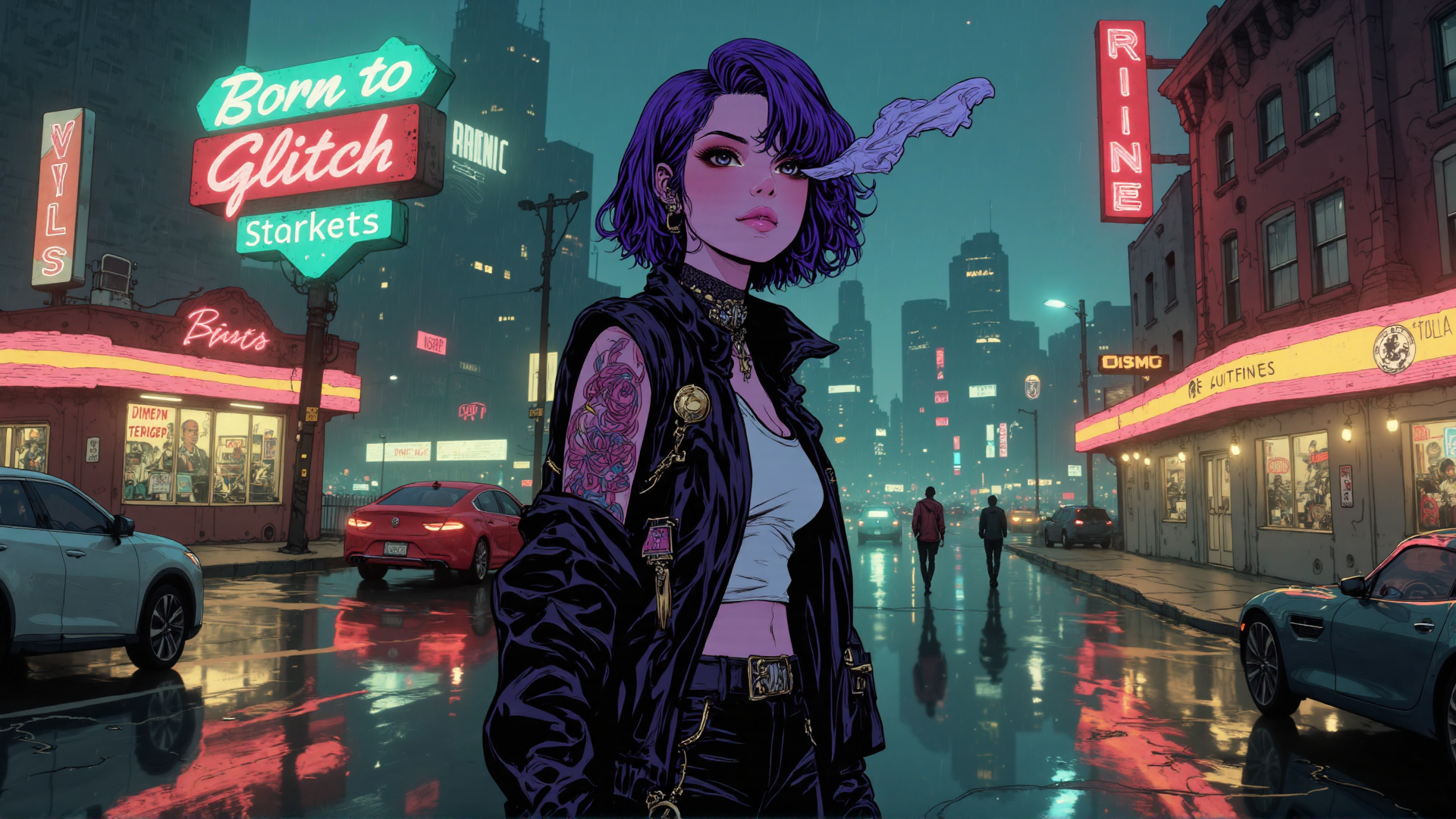 AI generated wallpaper featuring woman, city, tattoo, neon, cars, signs, rain, buildings, street, smoke