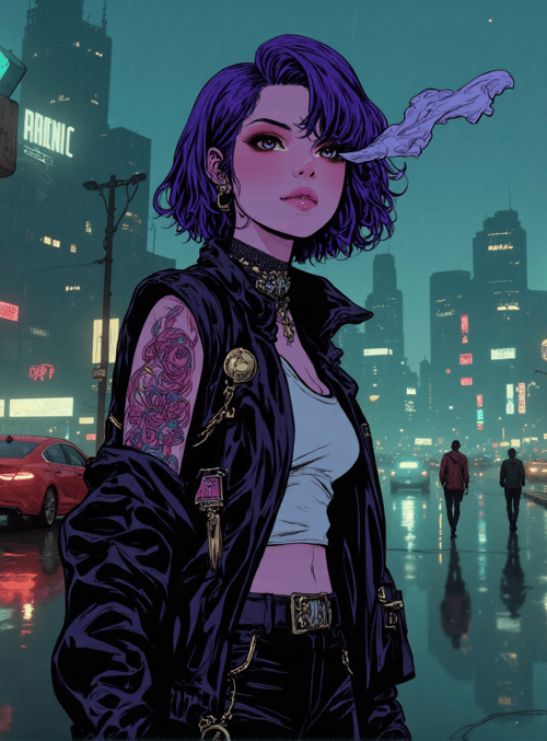 woman, city, tattoo, neon, cars, signs, rain, buildings, street, smoke