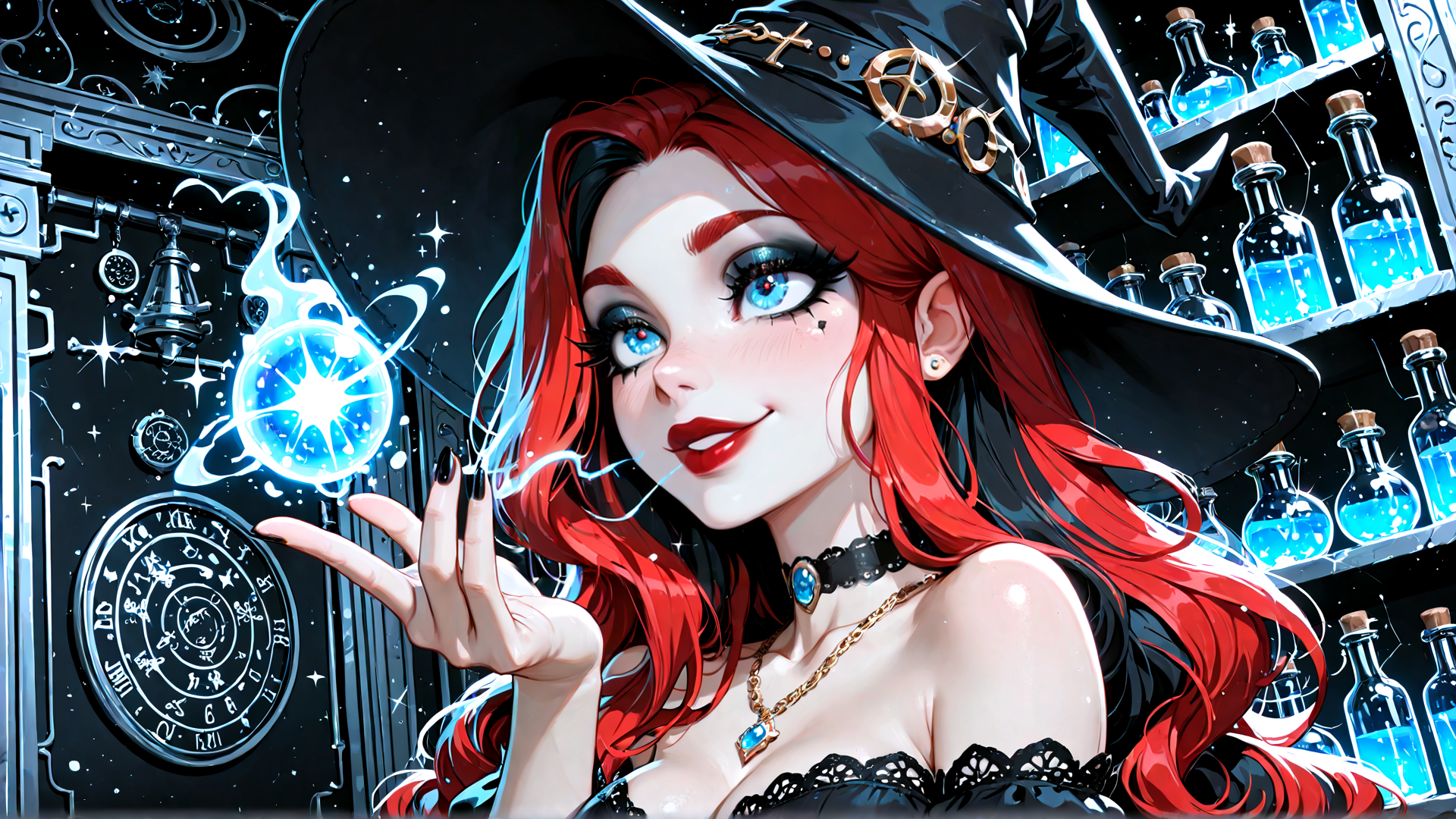 AI generated wallpaper featuring witch, red hair, crystal ball, bottles, hat, clock, stars