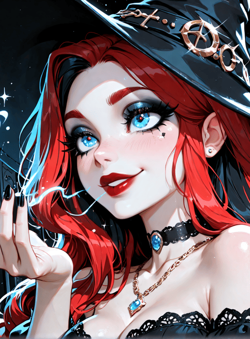 witch, red hair, crystal ball, bottles, hat, clock, stars