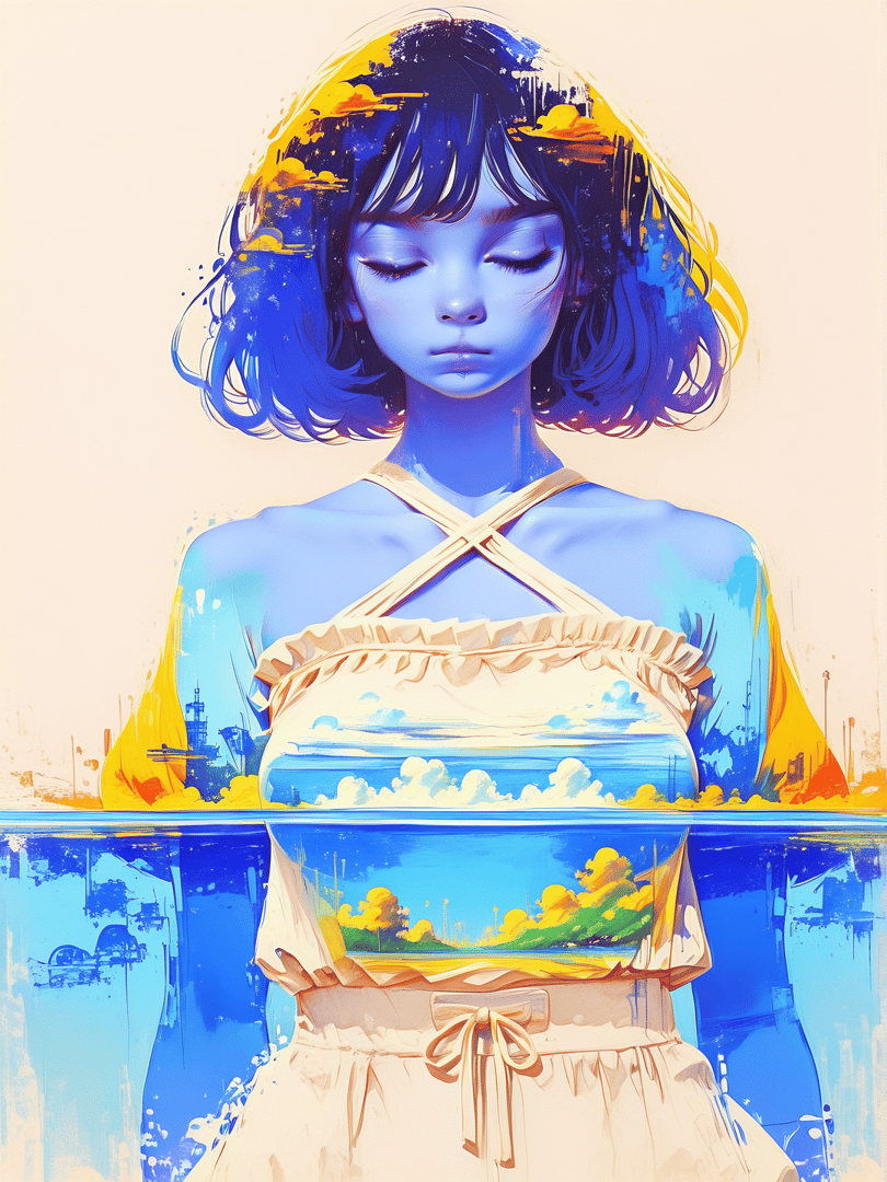 AI generated wallpaper featuring girl, watercolor, sunset, cityscape, dress, reflection, clouds, sky, painting, portrait