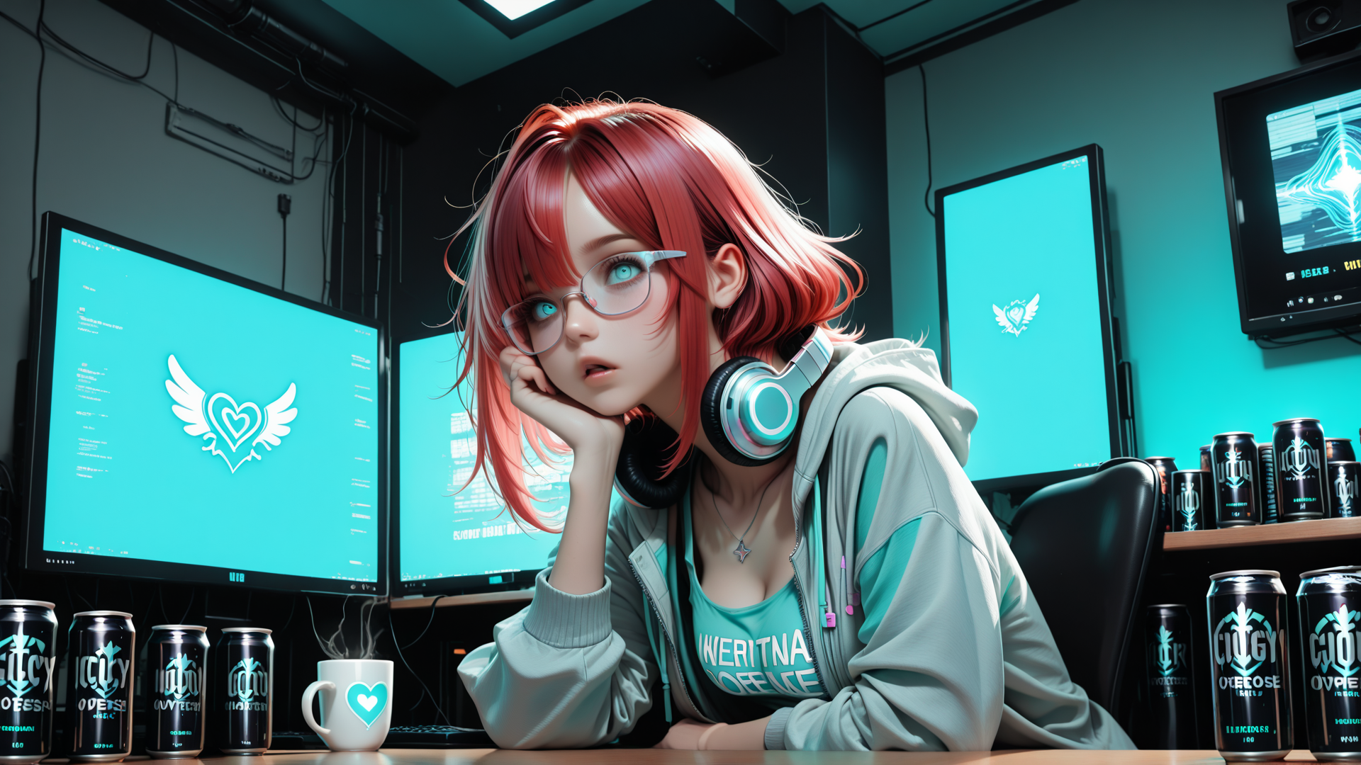 AI generated wallpaper featuring girl, headphones, monitor, computer, can, cup, glasses, hoodie, logo, chair
