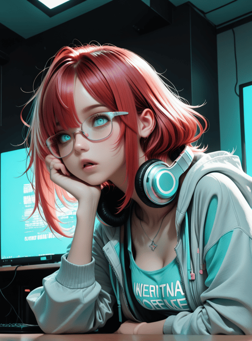 girl, headphones, monitor, computer, can, cup, glasses, hoodie, logo, chair