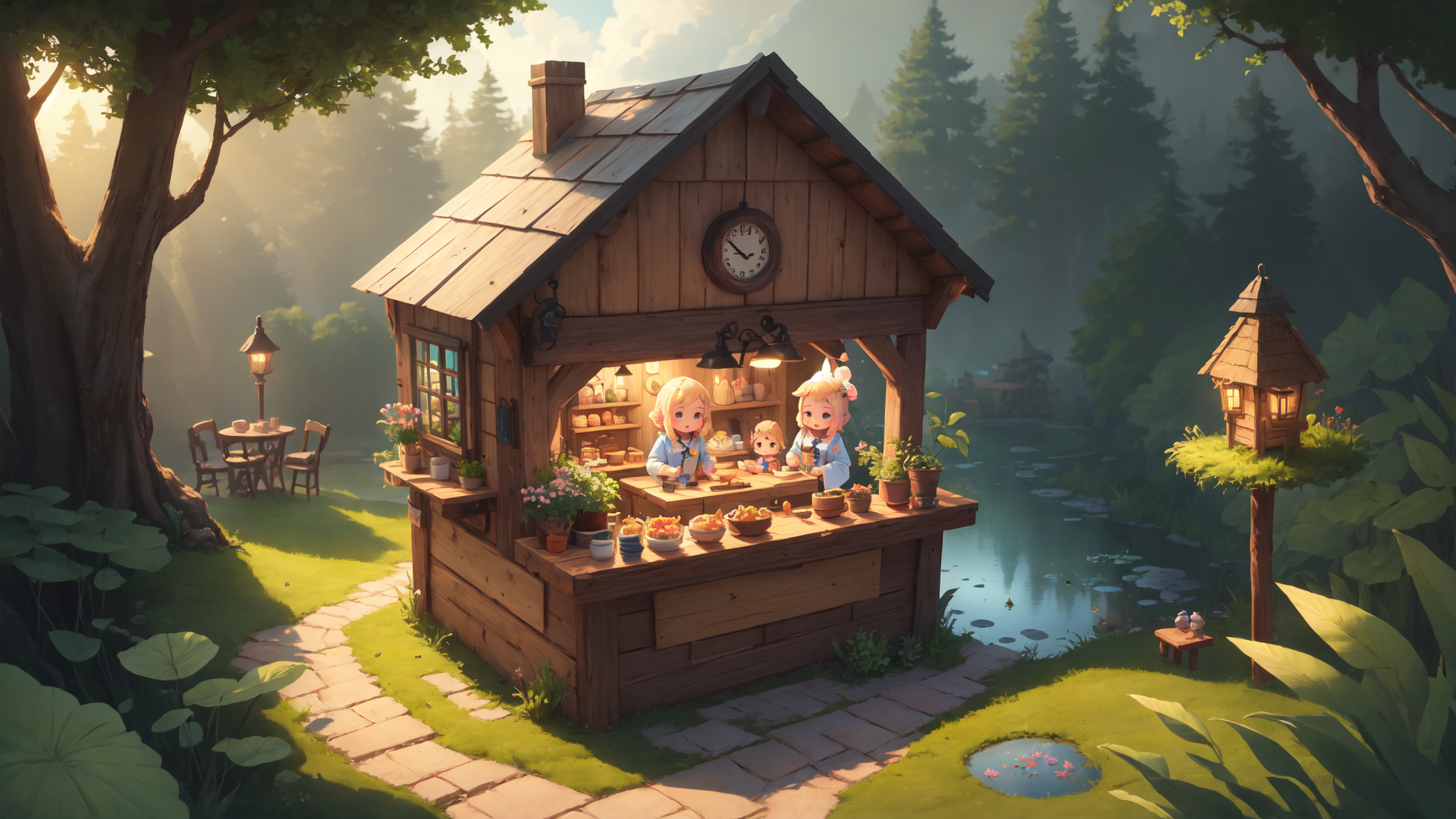 AI generated wallpaper featuring wooden cabin, characters, clock, baskets, flowers, stream, lantern, tree, path, bowl