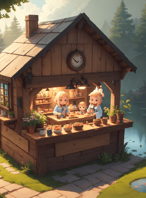 wooden cabin, characters, clock, baskets, flowers, stream, lantern, tree, path, bowl