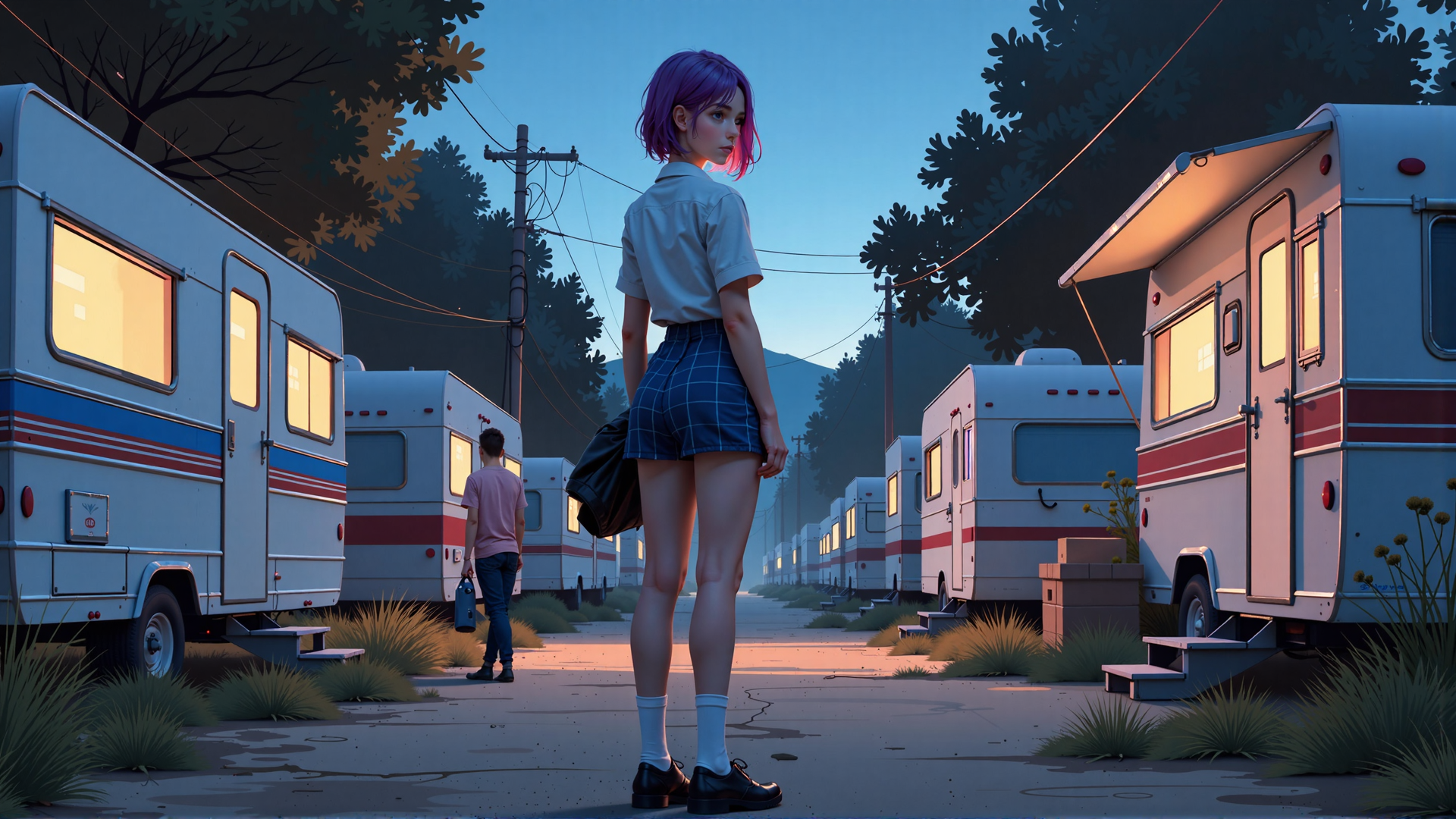 AI generated wallpaper featuring girl, camper, truck, road, trees, person, lamp, steps, grass, power lines