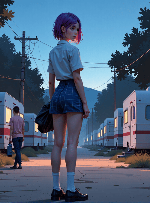 girl, camper, truck, road, trees, person, lamp, steps, grass, power lines
