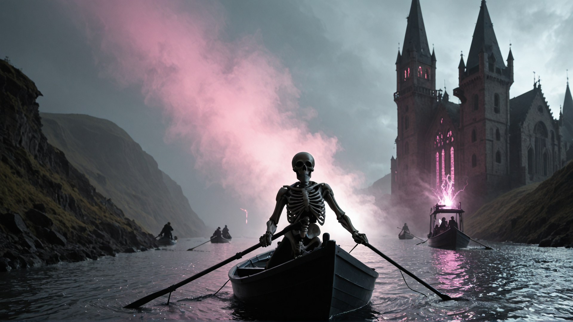 AI generated wallpaper featuring skeleton, boat, castle