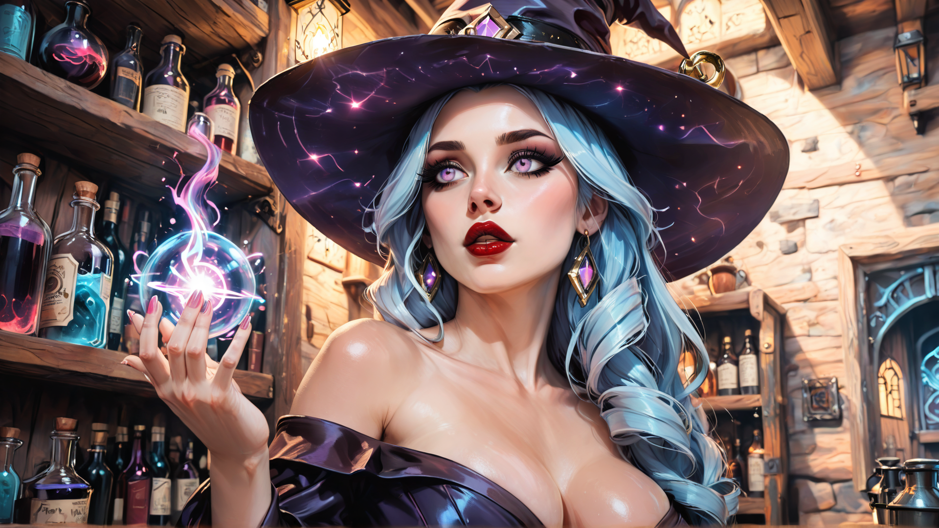 AI generated wallpaper featuring witch, crystal ball, bottles, hat, ears, hair, dress, shelves, lamps, door
