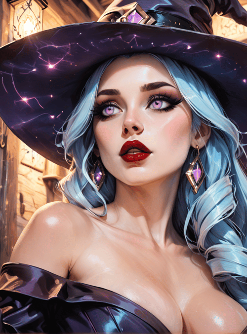 witch, crystal ball, bottles, hat, ears, hair, dress, shelves, lamps, door