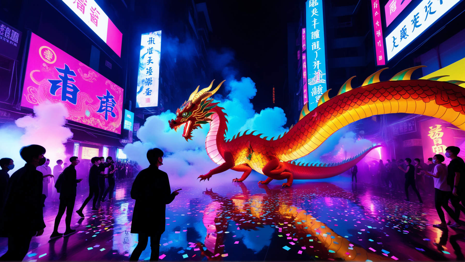 AI generated wallpaper featuring dragon, city, people, neon, signs, confetti, smoke, street, reflection, laser